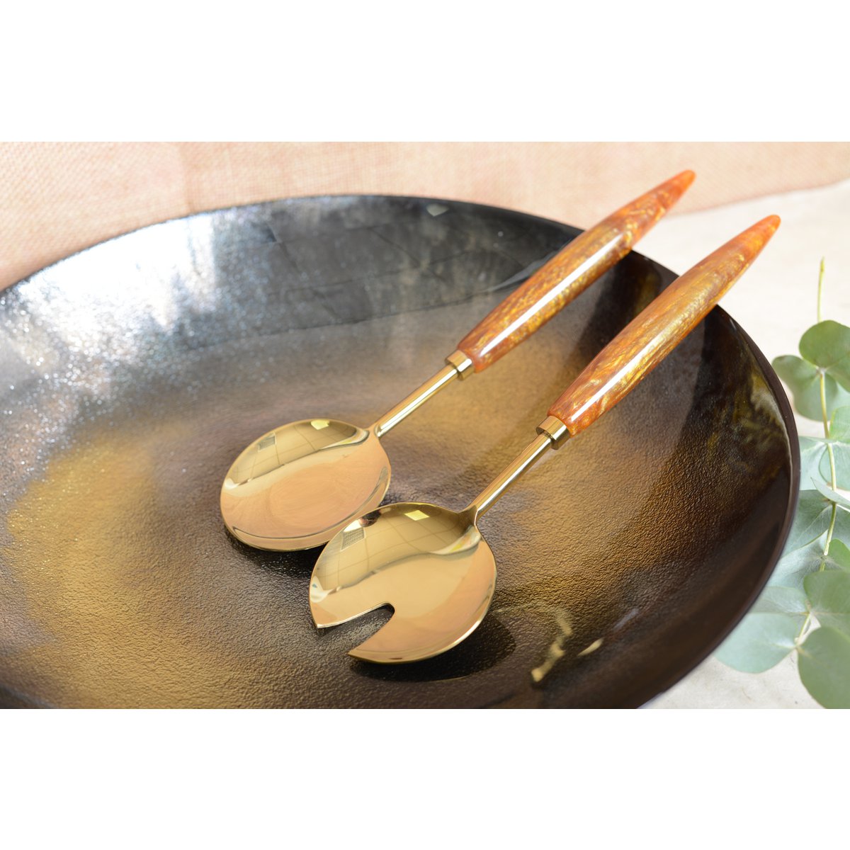 SALATSERVICE AUS GOLD UND ORANGE, 29 CM