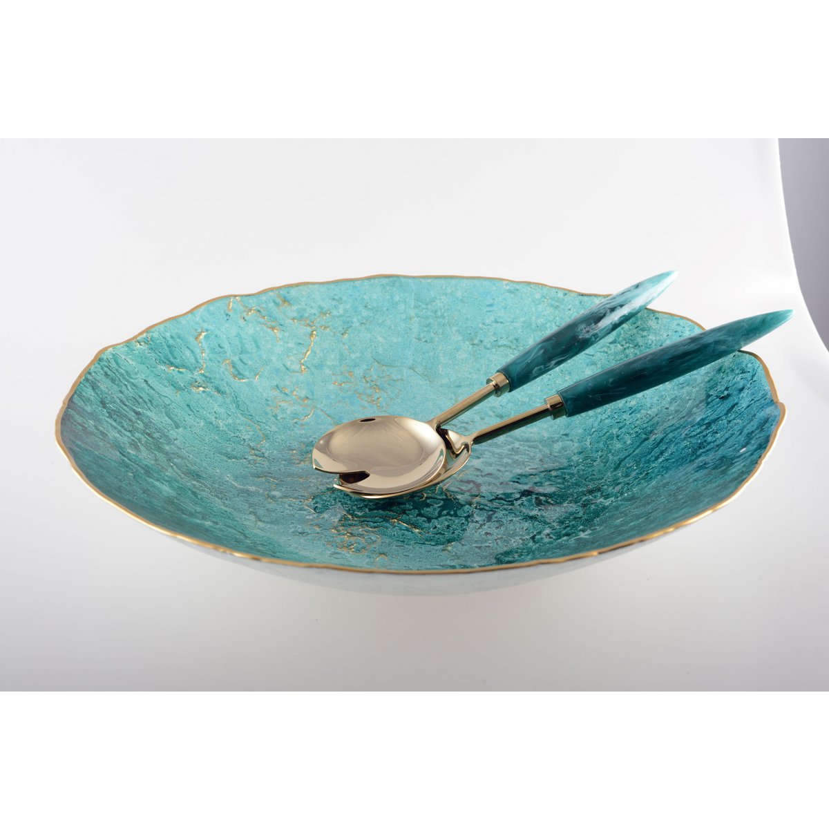 SALATSERVICE AUS GOLD UND TÜRKIS, 29 CM