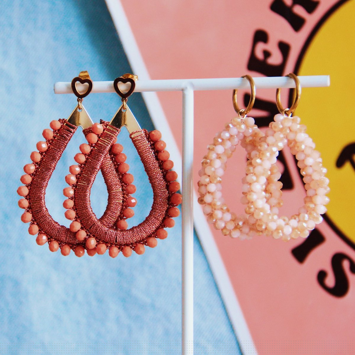Stainless steel earring with facet drop - peach pink/gold