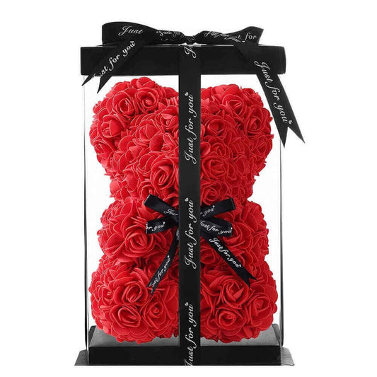 Rosenbär mit Geschenk-Box — Künstliche Rosen Teddy 25 cm: Red